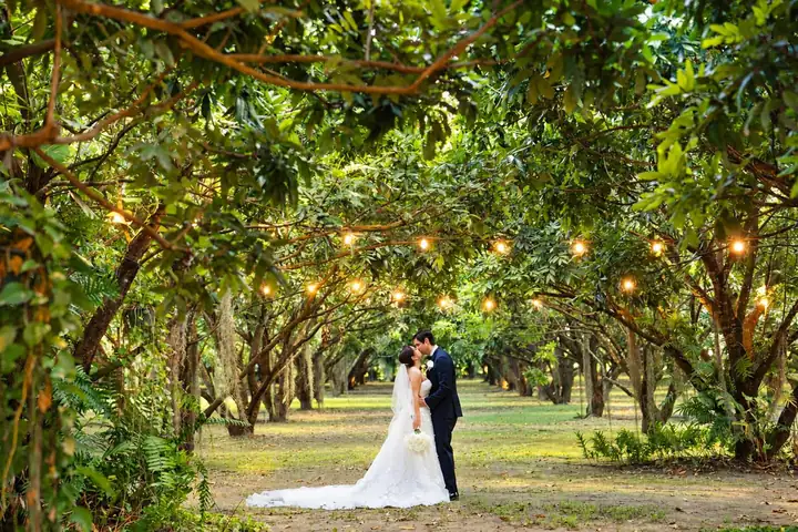 Bride and groom kiss beneath string lights and a leafy garden canopy.