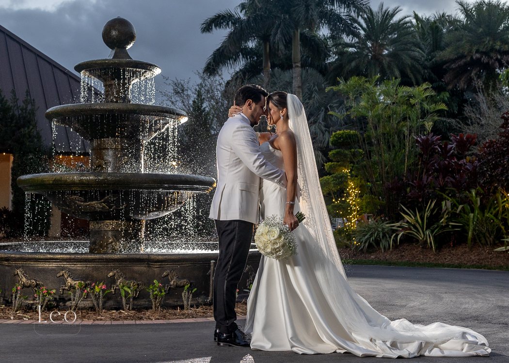 Newlyweds beside the illuminated tiered fountain at Longan’s Place